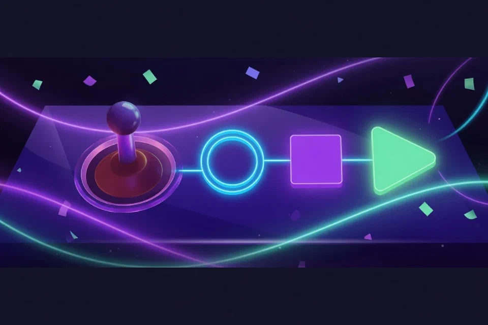 Joystick und drei verbundene geometrische Leuchtsymbole
