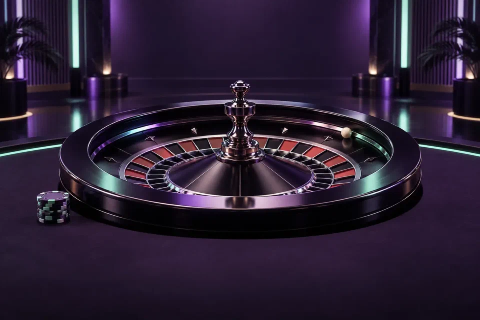 Abstrakte violette Spielfläche mit mintfarbenen Scheiben und Lichtspuren