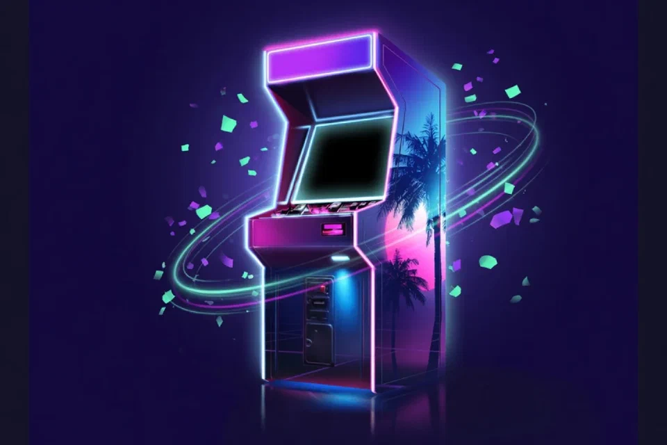Violetter Arcade-Automat mit Neonlicht und Konfetti