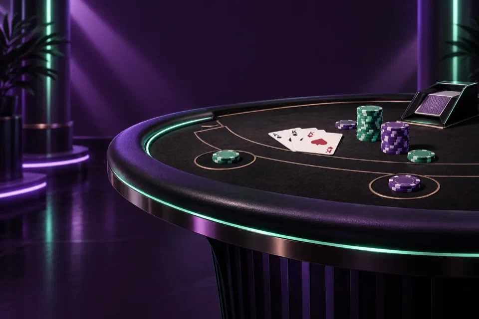 Abstrakte violette Spielfläche mit mintfarbenen Scheiben und Lichtspuren